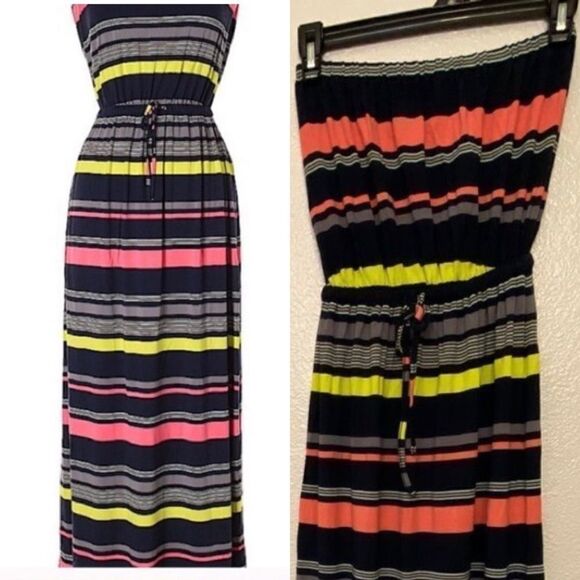 Ann Taylor Striped Tube top strapless Maxi Long dress drawstring waist XS petite - Picture 1 of 9